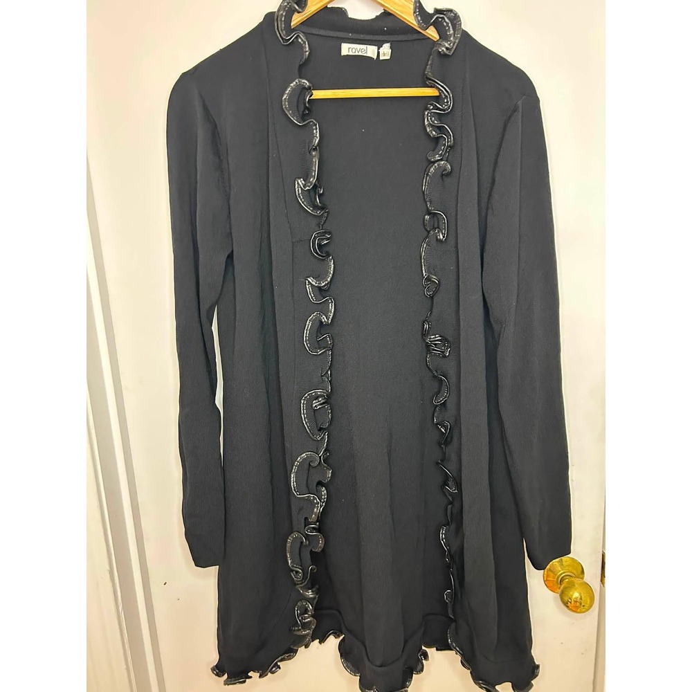 Ravel Cardigan Women Large Black Excellent Ruffle Trim Open Front Long Sleeve